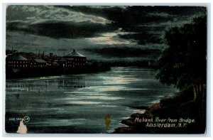 1912 Mohawk River Bridge Exterior Building Night Amsterdam New York NY Postcard