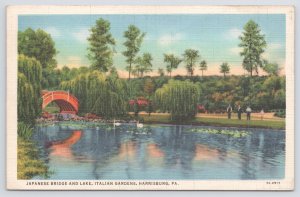 Linen~Japanese Bridge & Lake~Italian Gardens~Harrisburg PA~Water Reflections~Vtg