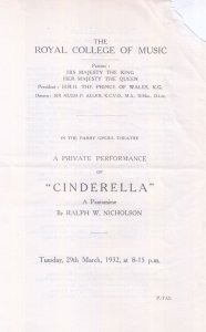 Cinderella 1932 Pantomime Antique Royal College Of Music Pantomime Theatre Flyer