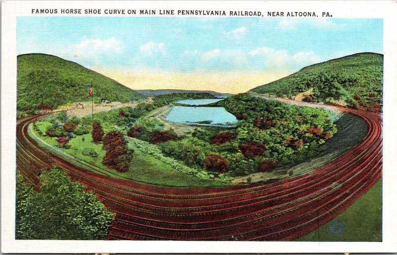 Horse Shore Curve Main Railroad Line Altoona Pennsylvania Aerial WB Postcard