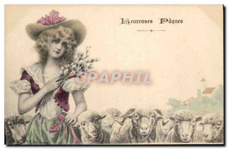 Old Postcard Fantasy Woman Easter Sheep