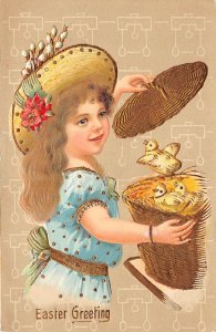 Easter Greetings Girl With Basket Of Chicks, Embossed, Vintage Postcard U8933