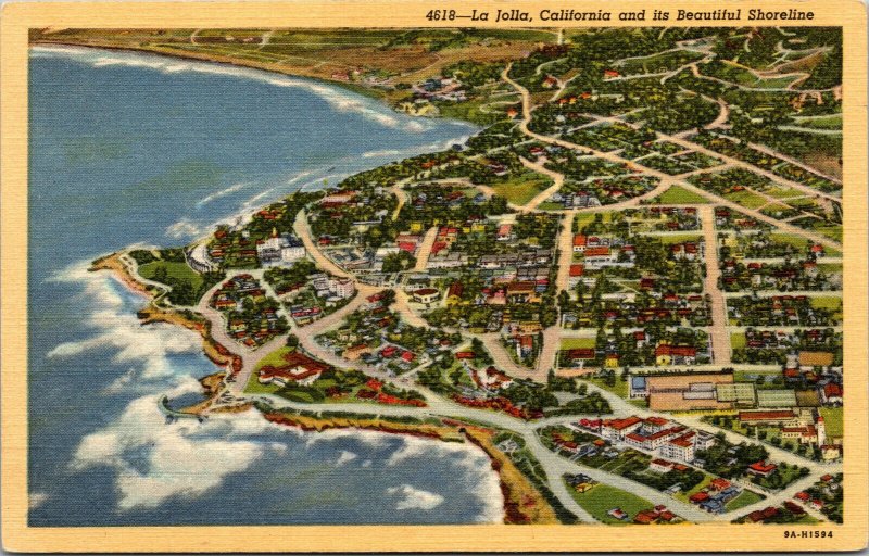 Vtg 1930s La Jolla Shoreline Aerial View California CA Unused Linen Postcard