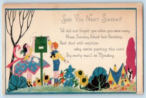 c1910's Sunday School Children US Mailbox Flowers Unposted Antique Postcard