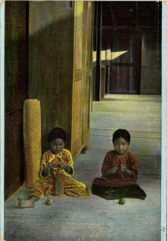 indonesia, SUMATRA, Two Young Batak Girls Knitting (1910s) Mission