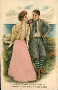 ROMANCE Pretty Girl and Boy REAL SILK SKIRT c1910 Postcard