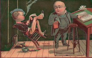 1880s-90s Boy Leaning in Chair Taking Order from Client Trade Card