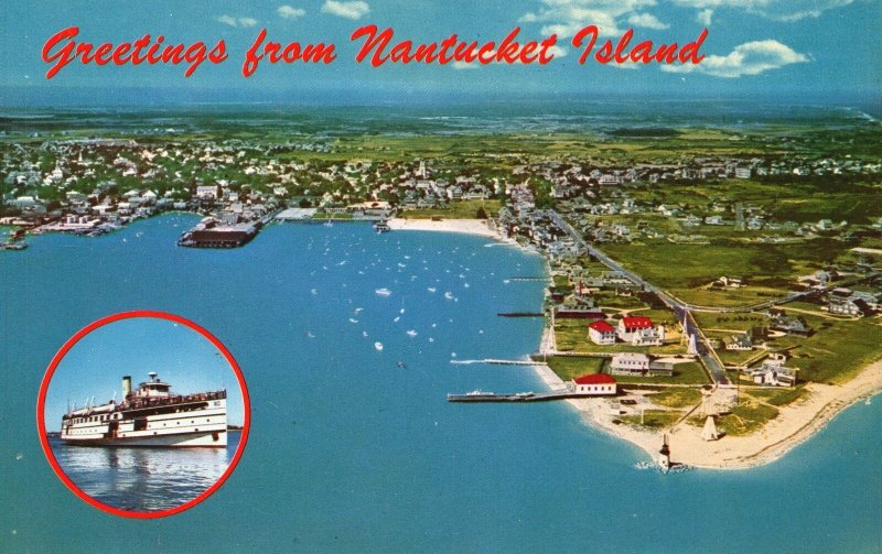 Vintage Postcard Air View Of Town and Waterfront Nantucket Massachusetts MA 