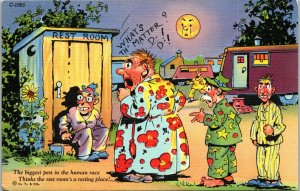 Vintage Curteich Linen Comic Postcard Humor Camping Outhouse UNUSED