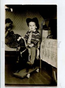 415063 Young Boy on HORSE Toy & Embroidery Girl Old REAL PHOTO