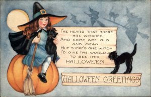 Halloween Little Girl Witch Scarce Whitney c1915 EXC COND Postcard