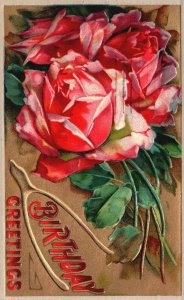 Vintage Postcard Birthday Greetings Bunch Of Red Roses Remembrance Card