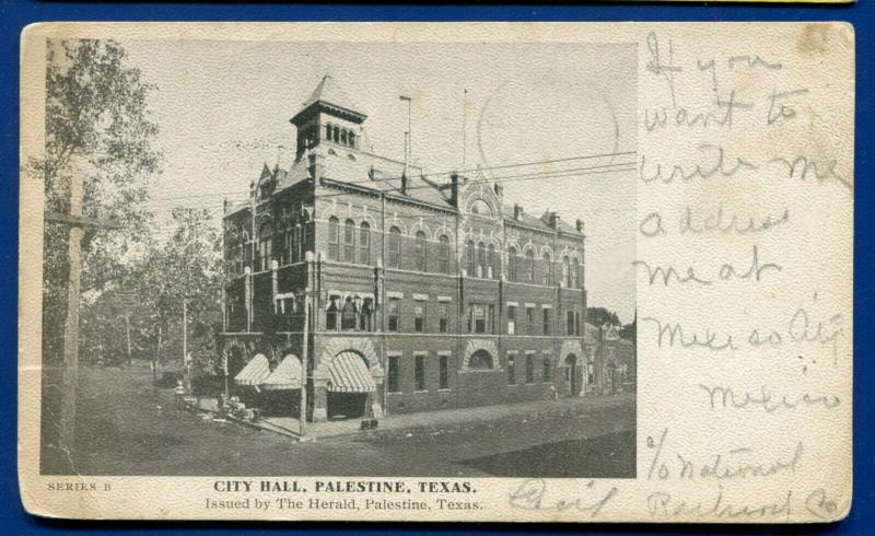 Palestine Texas tx City Hall 1908 published by the Herald old postcard