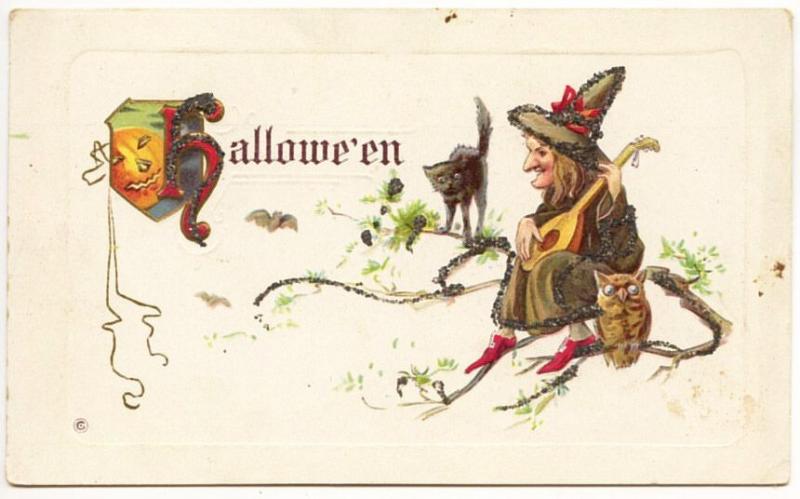 Halloween Witch Owl Black Cat Pumpkin Black Cat Embossed Postcard