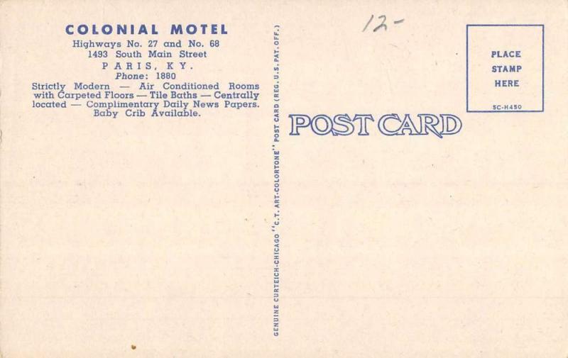 Paris Kentucky Colonial Motel Street View Antique Postcard K80878