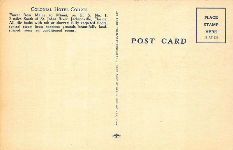 Jacksonville FL Colonial Hotel Courts  Linen Postcard