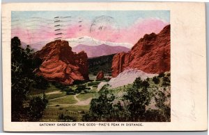 Postcard CO Gateway Garden of the Gods Pike's Peak in Distance