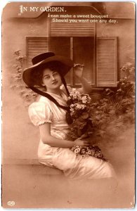 VINTAGE POSTCARD REAL PHOTO RPPC BEAUTIFUL WOMAN IN MY GARDEN PRINTED GERMANY