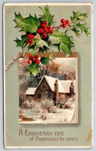 Christmas~Holly & Home From Lawn Christmastide~Vintage Postcard