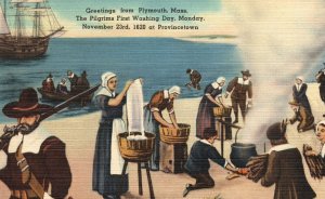 Vintage Postcard Greetings From Plymouth Massachusetts Pilgrims First Washing MA