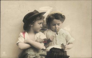 Netherlands Cute Kids Children Smoking Cigars Tinted RPPC Vintage PC