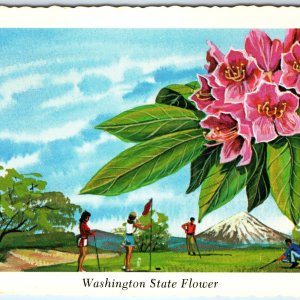 1973 WA Washington State Flower Rhododendron Girl Golf Ken Haag Painting PC A334