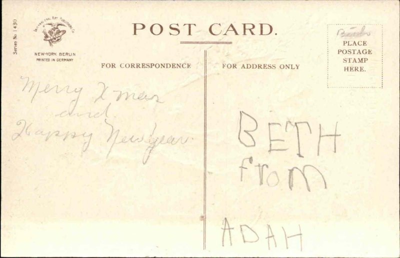 CLAPSADDLE CHRISTMAS Little Girl w Suitcase Hat Box INT'L ART Antique PC