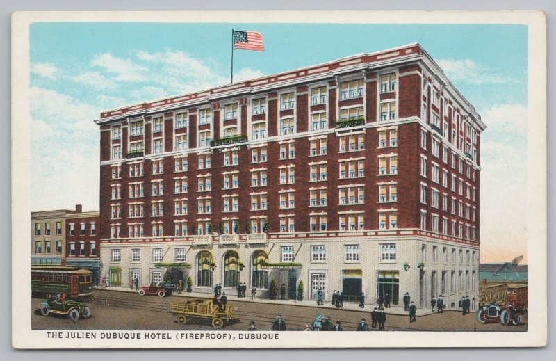 Dubuque Iowa~Julien Fireproof Hotel Front View~American Flag~Vintage Postcard 