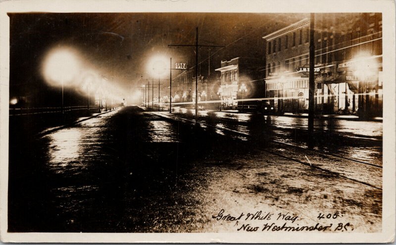 Great White Way New Westminster BC City Hall Kings Hotel c1911 RPPC Postcard E73