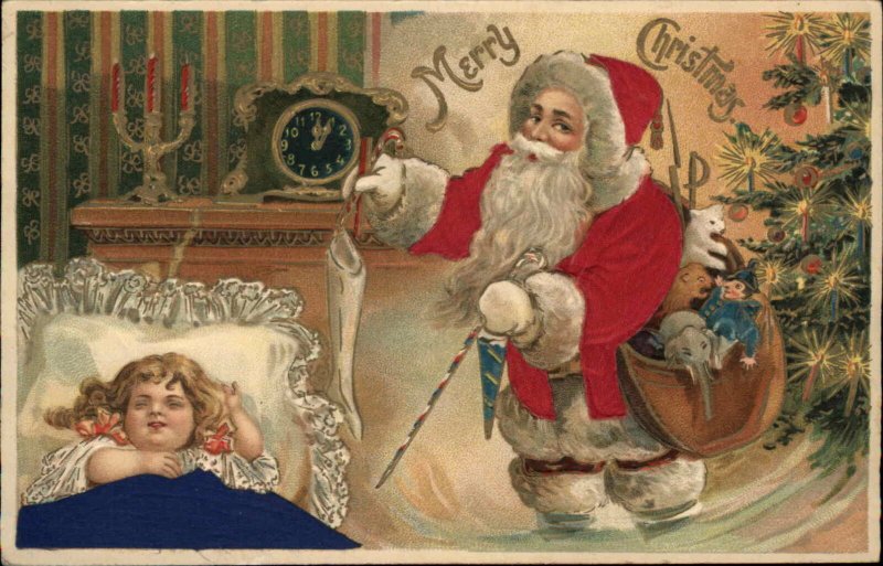 Christmas Santga Claus Little Girl Silk Coat & Blanket c1910 Postcard 