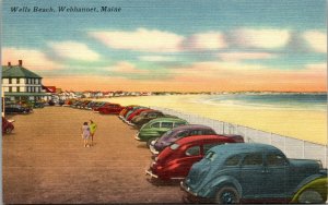 Vtg 1940 Wells Beach Webhannet Maine ME Old Cars 1940s Unused Linen Postcard