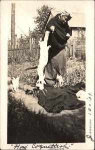 Woman & Cats Black Americana Candid c1910 Real Photo Postcard