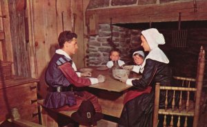 Plymouth Massachusetts, Pilgrim Family Meal Time Interior House Postcard