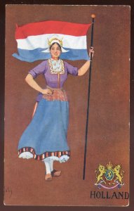 h2209 - NETHERLANDS Postcard 1910s Patriotic Flag. Woman in Ethnic Costume