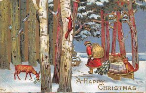 Santa Pulling Sled Through Forest  Merry Christmas Greetings 1909c postcard