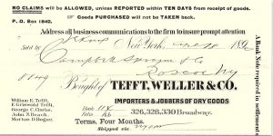 1890 TEFFT WELLER & CO IMPORTERS JOBBERS DRY GOODS NY INVOICE BILLHEAD Z4238