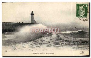 Old Postcard La Jetee A Day Of Storm Lighthouse