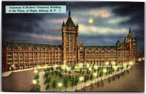 Postcard NY Albany Delaware & Hudson Company Building on the Plaza at Night