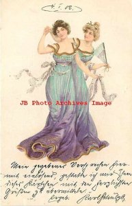 Unknown Artist, Women in Long Dresses, Fan, Art Nouveau, Litho, 1902 PM