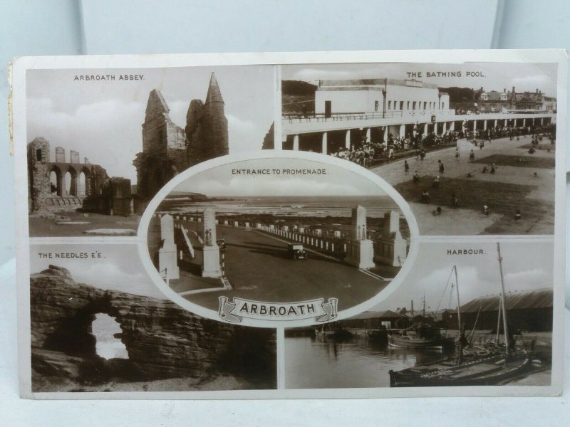 Vtg Multiview RP Postcard Arbroath Bathing Pool Entrance to Promenade  1941 WW2