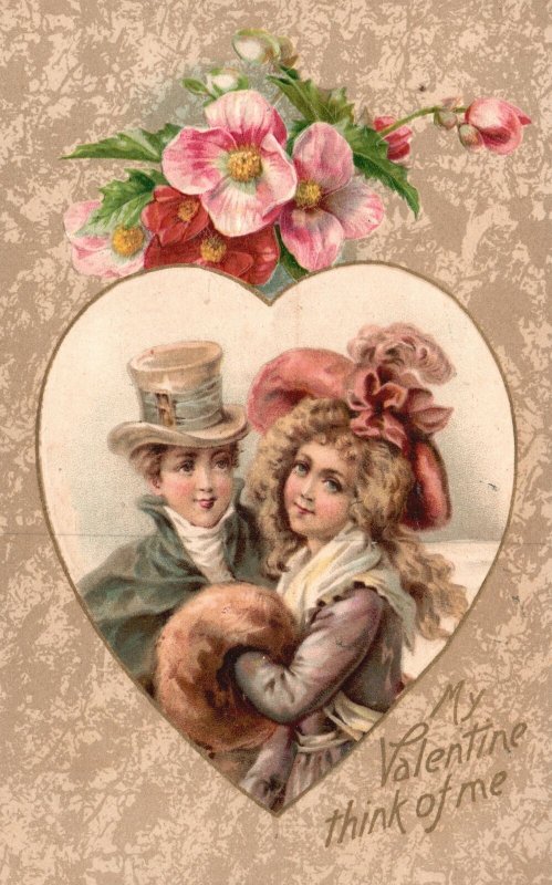 Vintage Postcard My Valentine Think Of Me Flowers Lover Couples Heart Souvenir