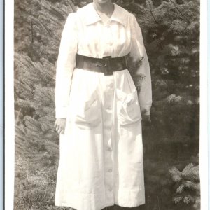 c1910s Cute Young Lady RPPC Girl Dress Belt Pine Tree Real Photo Postcard A94