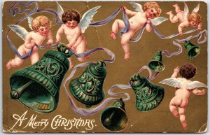 VINTAGE POSTCARD MULTIPLE CUPIDS ANGELS BRONZED MERRY CHRISTMAS GREETING 1907