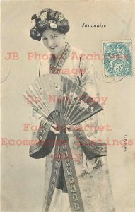 Japanese Ethnic Costume, Woman in Kimono Robe Holding Fan