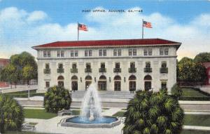 Augusta Georgia~Post Office~Large Fountain in Front~1940s Linen Postcard