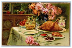 1908 Thanksgiving Day Turkey For Dinner Champagne Flowers Tucks Antique Postcard