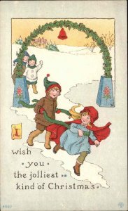 Christmas Children with Garland c1910 Vintage Postcard