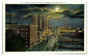 Night View of Trade Street, Charlotte, NC Postcard *6L(2)23