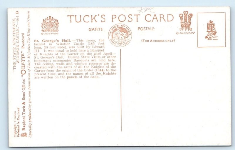 Tuck - St. George's Hall - Windsor Castle - ENGLAND UK Postcard