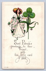 J96/ St Patrick's Day Holiday Postcard c1910 Pretty Woman Clover Friend 202